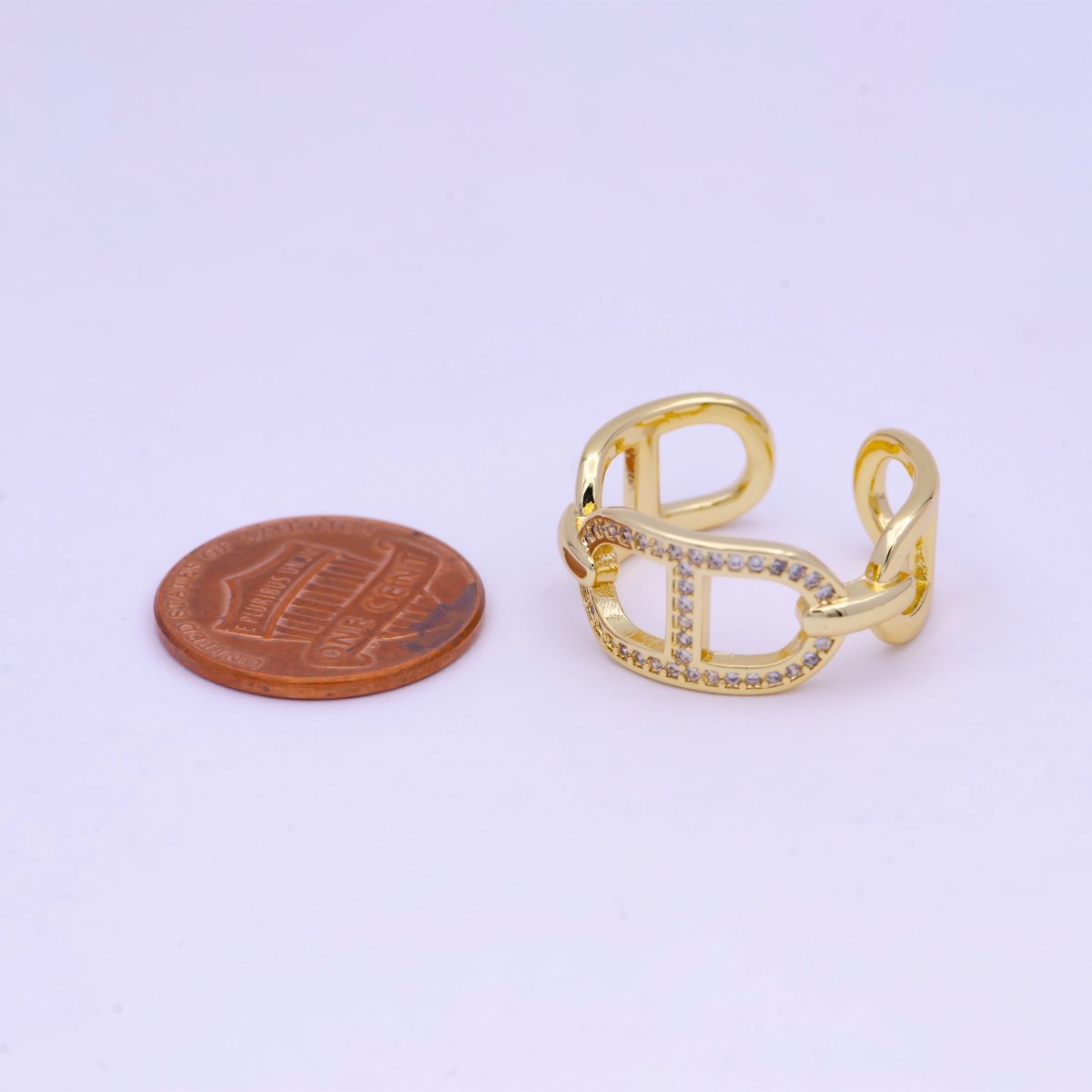 Bold Gold Mariner Ring CZ Anchor Ring Open Adjustable U-130