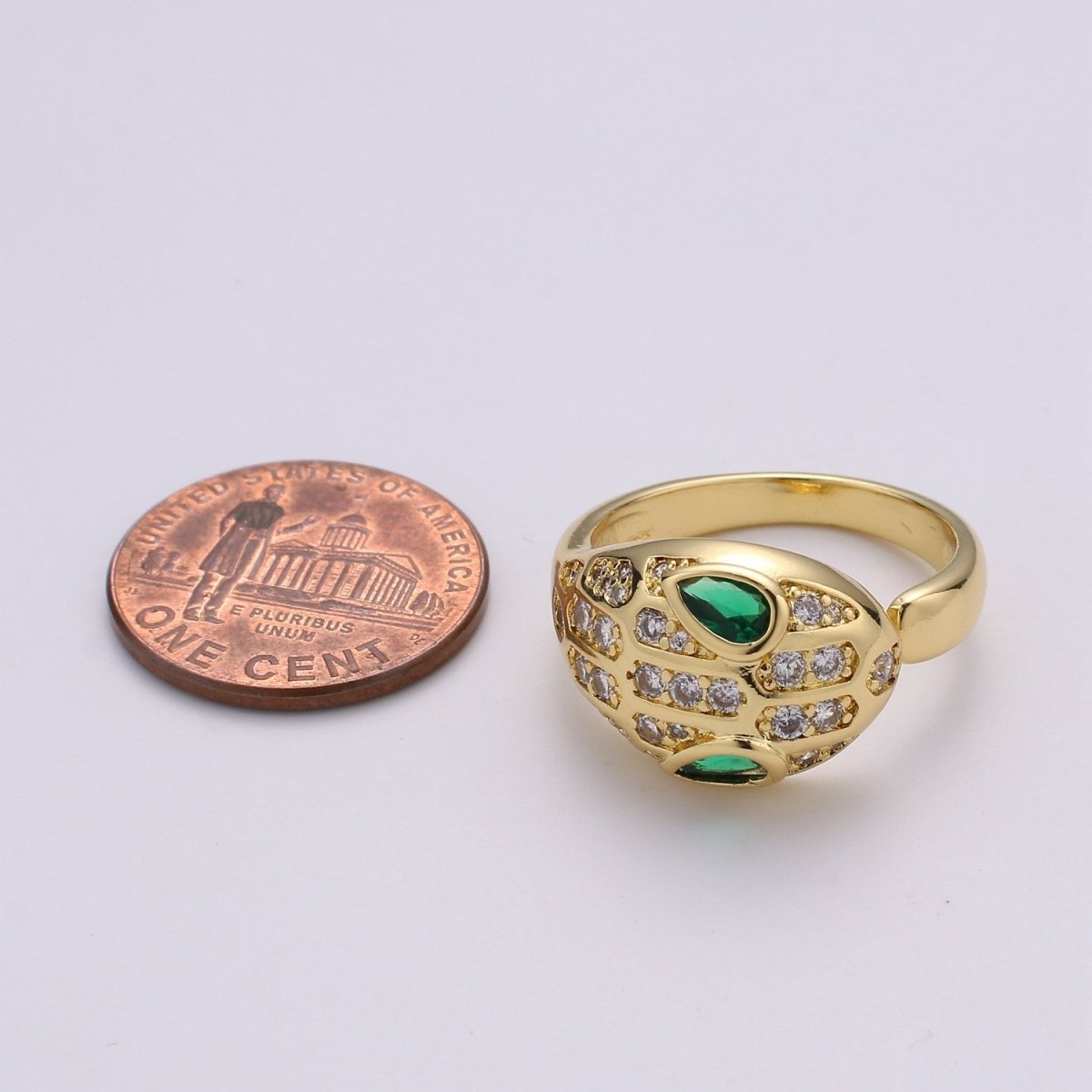 Bold Gold Snake Ring, Gold Serpent Ring, CZ Green Snake Ring, Open Band Wrap Ring, Gold Stackable Ring, Snake Statement Ring for Gift idea, R-038