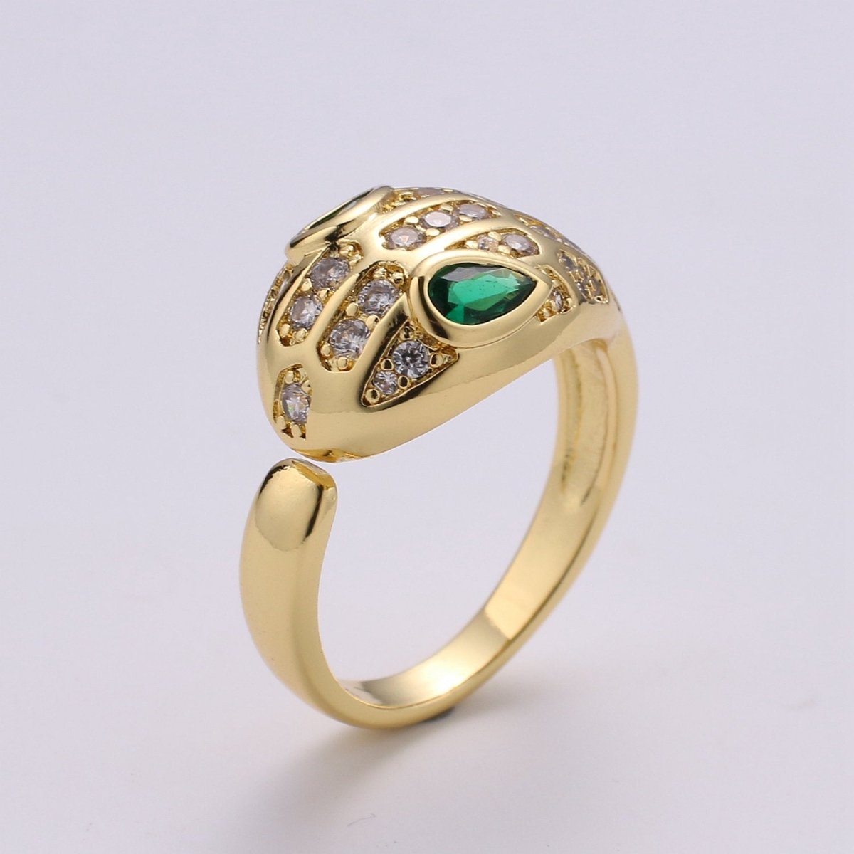 Bold Gold Snake Ring, Gold Serpent Ring, CZ Green Snake Ring, Open Band Wrap Ring, Gold Stackable Ring, Snake Statement Ring for Gift idea, R-038