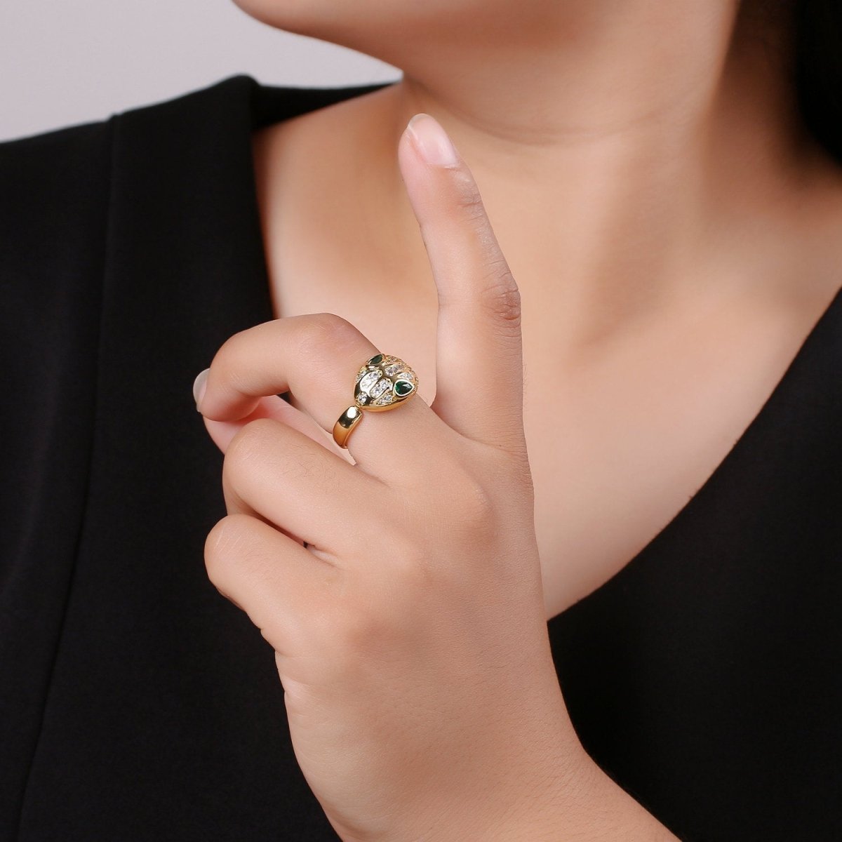 Bold Gold Snake Ring, Gold Serpent Ring, CZ Green Snake Ring, Open Band Wrap Ring, Gold Stackable Ring, Snake Statement Ring for Gift idea, R-038