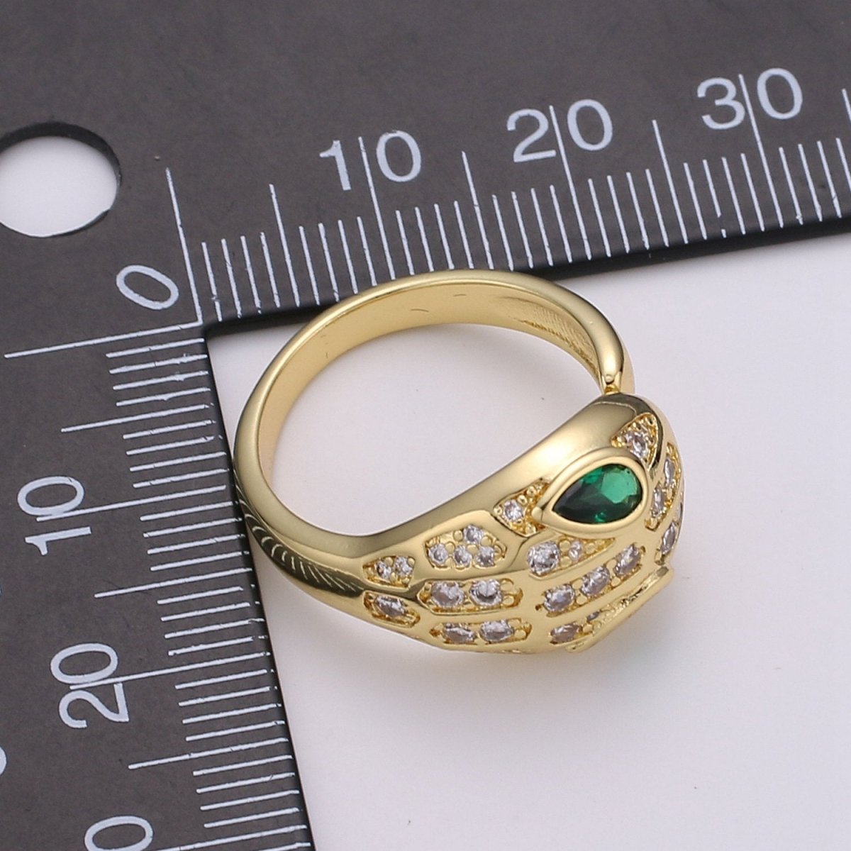 Bold Gold Snake Ring, Gold Serpent Ring, CZ Green Snake Ring, Open Band Wrap Ring, Gold Stackable Ring, Snake Statement Ring for Gift idea, R-038