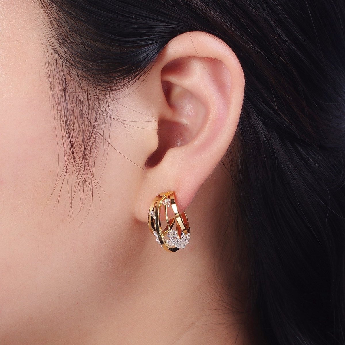Bold Hoop Earring with Faceted Clear Beads for Woman AE-1021