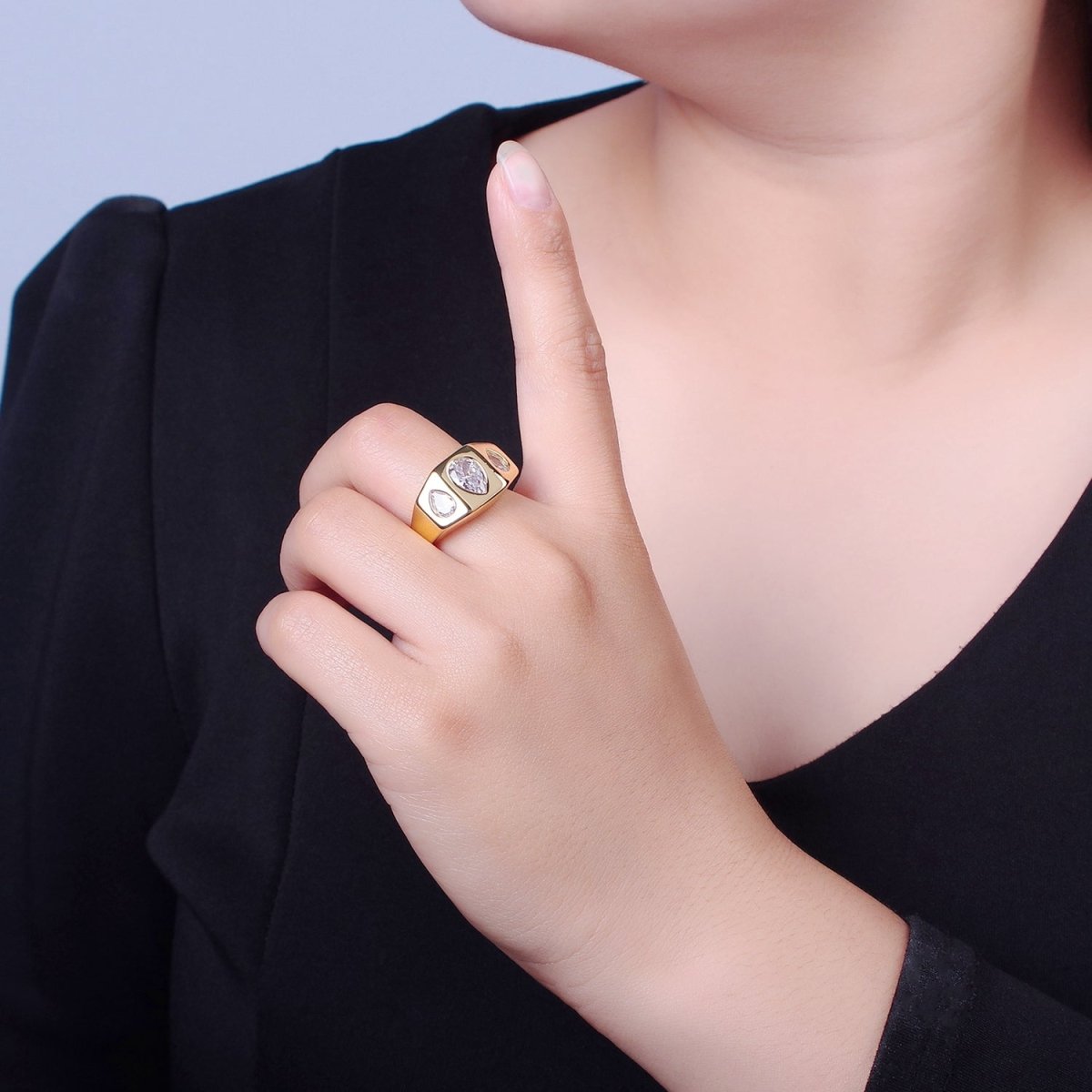 Bold Signet Ring Tear Drop CZ Stone For Statement Jewelry O-2201