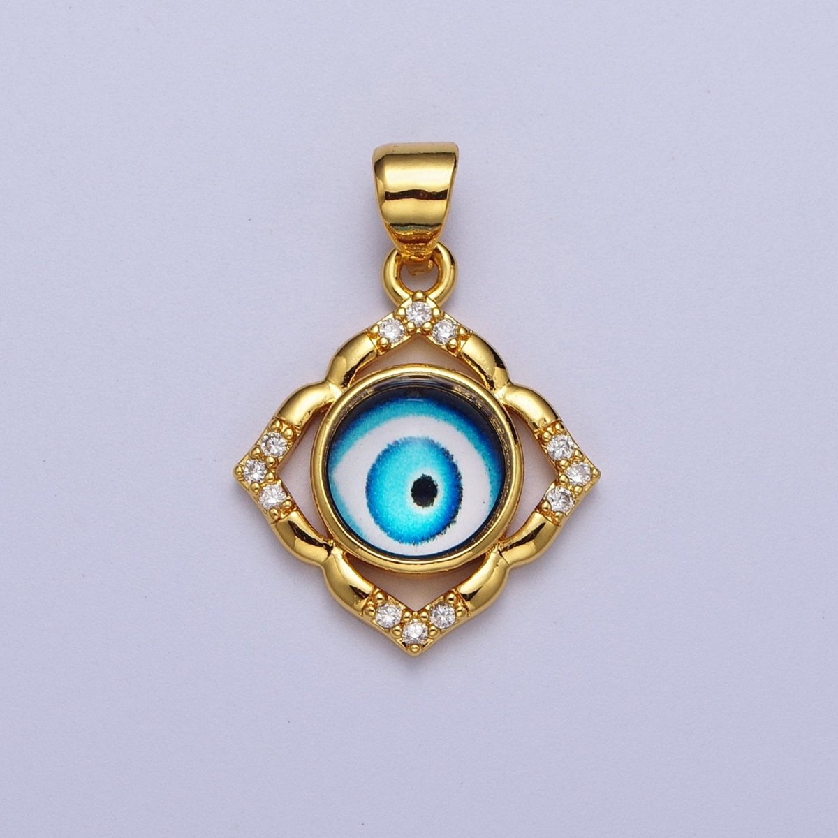 Bright Blue Evil Eye Gold Floral Patterned Pendant, 24K Gold Filled Blue Hypnotic Eye of Ra Clear Micro Paved CZ Florette Charm | X-685