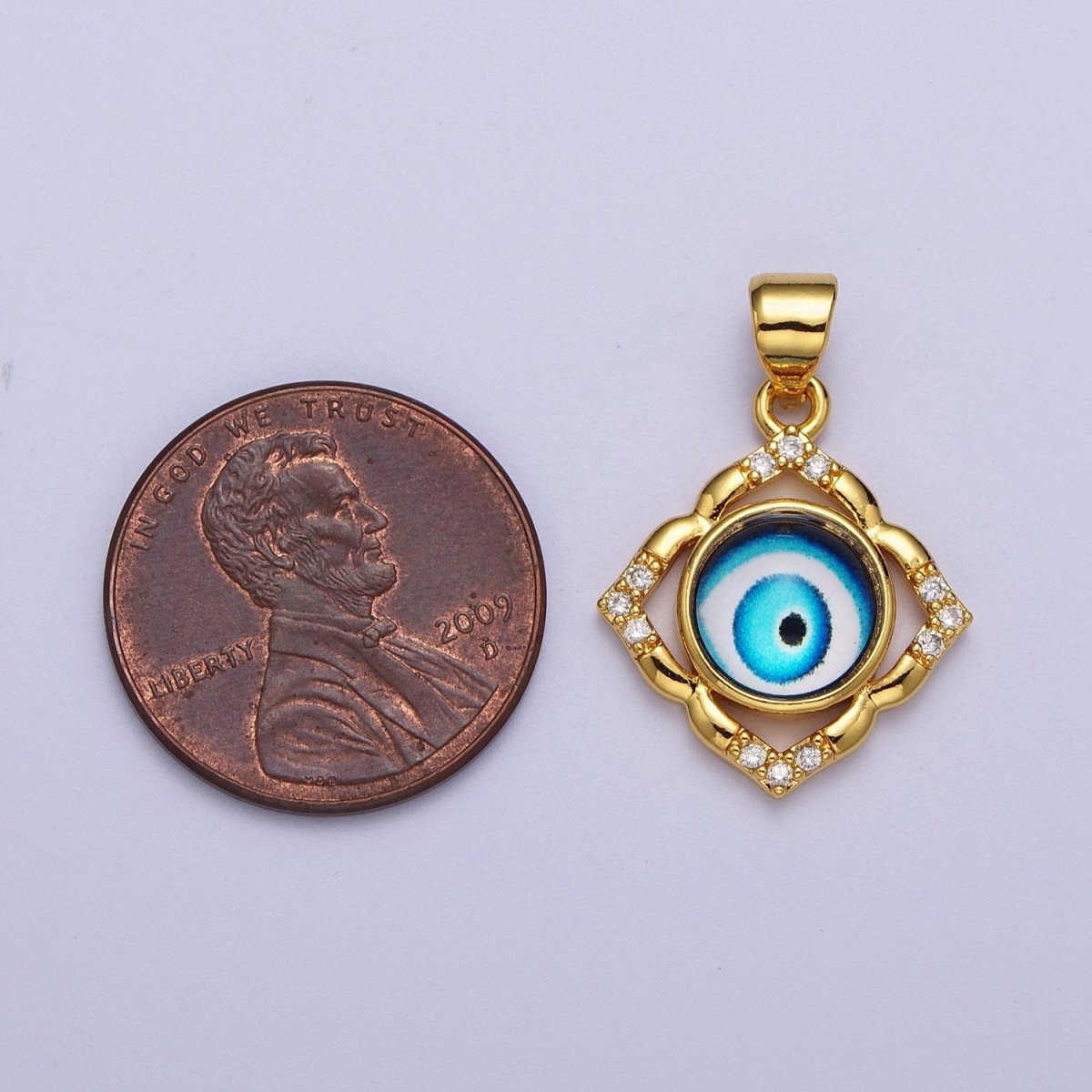 Bright Blue Evil Eye Gold Floral Patterned Pendant, 24K Gold Filled Blue Hypnotic Eye of Ra Clear Micro Paved CZ Florette Charm | X-685