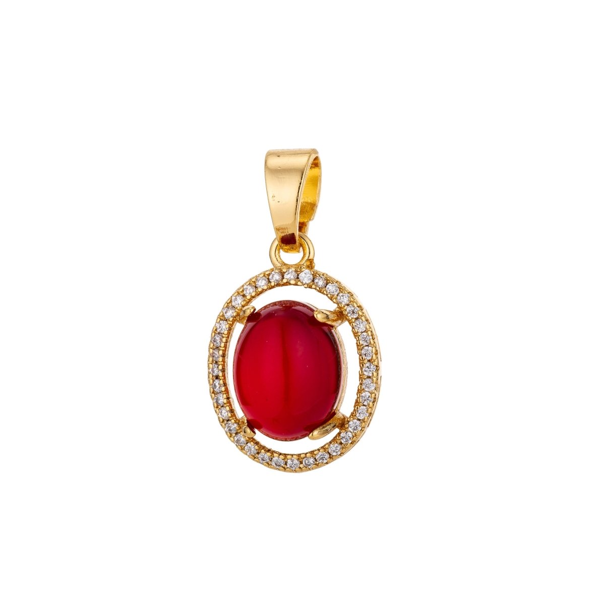 Bright Red 18K Gold Filled Oval Shape Charm Pendant w/ Bails Pave Cubic Zirconia Ladies Necklace for Jewelry Making H-806