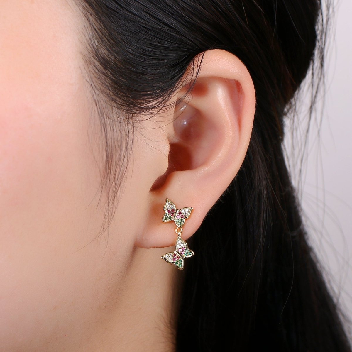 Butterfly Earring 24K Gold Pave Cz Stud Earring Micro Pave Animal Jewelry for Birthday Gift Dangle Mariposa Monarch Earring Q-497