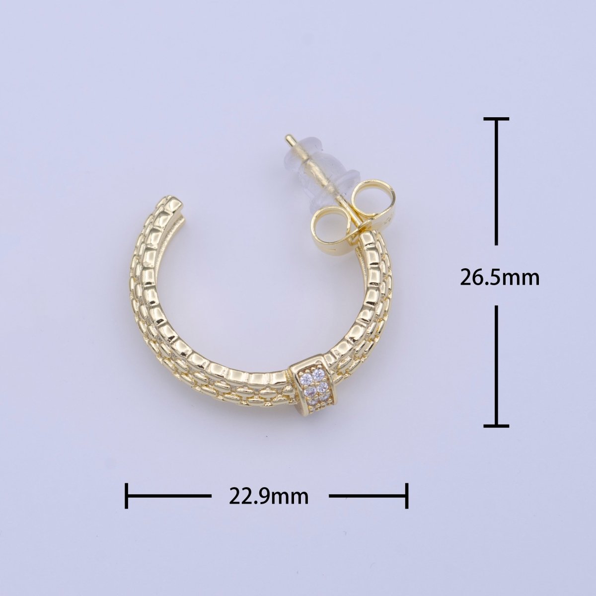 C-Shaped Beaded Gold Micro Paved CZ Lined Bar Stud Hoop Earrings | AD-214