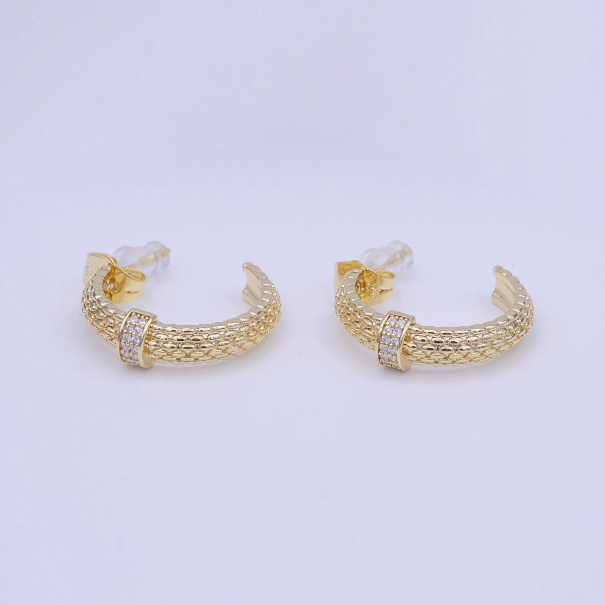 C-Shaped Beaded Gold Micro Paved CZ Lined Bar Stud Hoop Earrings | AD-214