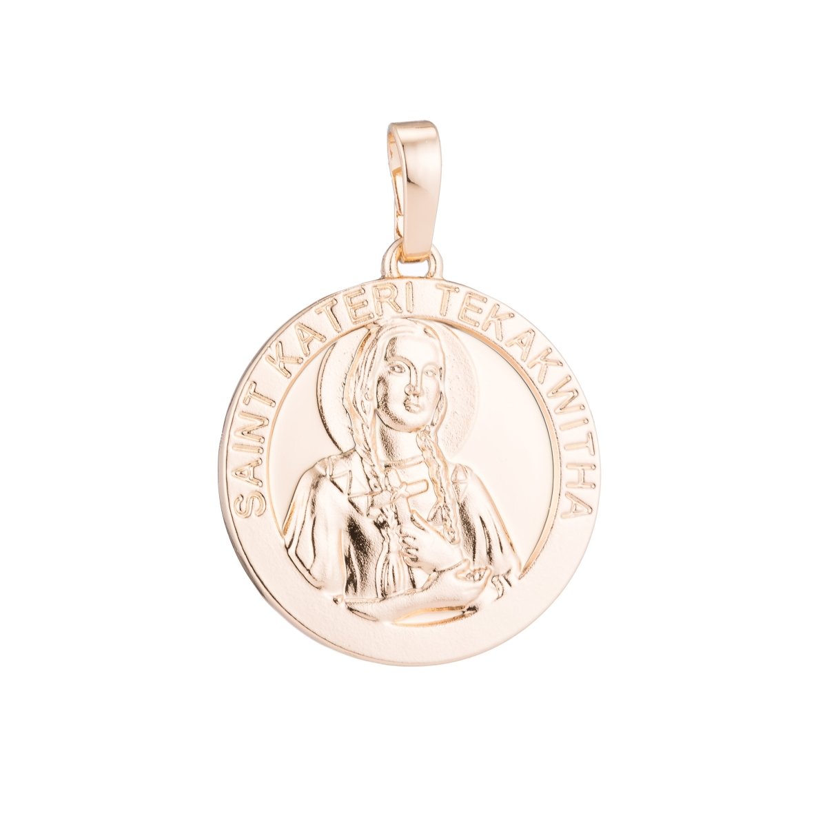 Catholic Medals Charms- Saint Kateri Tekakwitha - Lily of Mohawks Saint Coin Christian Catholic 18K, 24K Yellow gold Filled Pendant-medallas San Kateri Religious Jewelry H-518