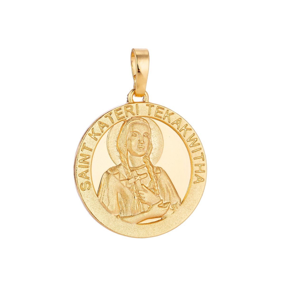 Catholic Medals Charms- Saint Kateri Tekakwitha - Lily of Mohawks Saint Coin Christian Catholic 18K, 24K Yellow gold Filled Pendant-medallas San Kateri Religious Jewelry H-518