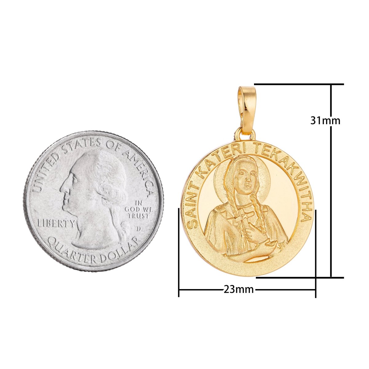 Catholic Medals Charms- Saint Kateri Tekakwitha - Lily of Mohawks Saint Coin Christian Catholic 18K, 24K Yellow gold Filled Pendant-medallas San Kateri Religious Jewelry H-518