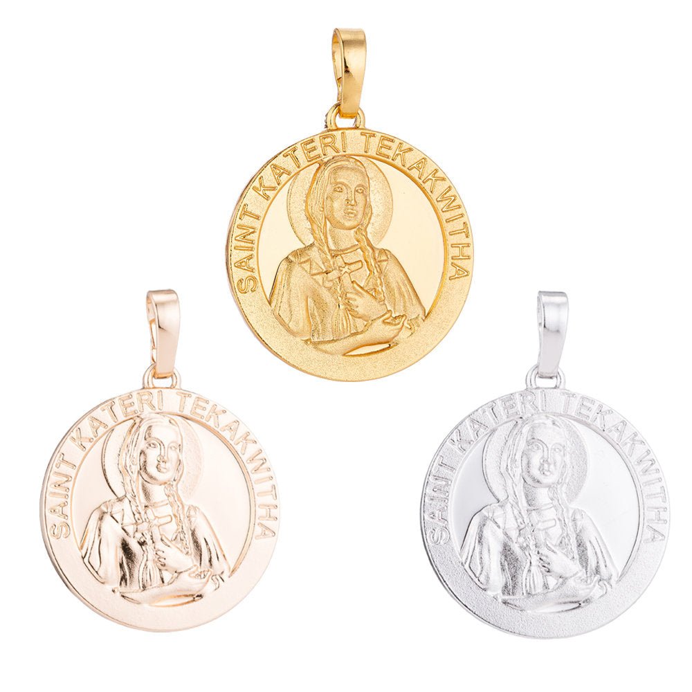 Catholic Medals Charms- Saint Kateri Tekakwitha - Lily of Mohawks Saint Coin Christian Catholic 18K, 24K Yellow gold Filled Pendant-medallas San Kateri Religious Jewelry H-518
