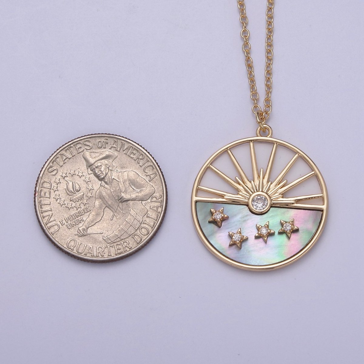 Celestial Sun Star CZ Abalone 16 Inch Cable Chain Necklace w. 2 Inch Extender | WA-598