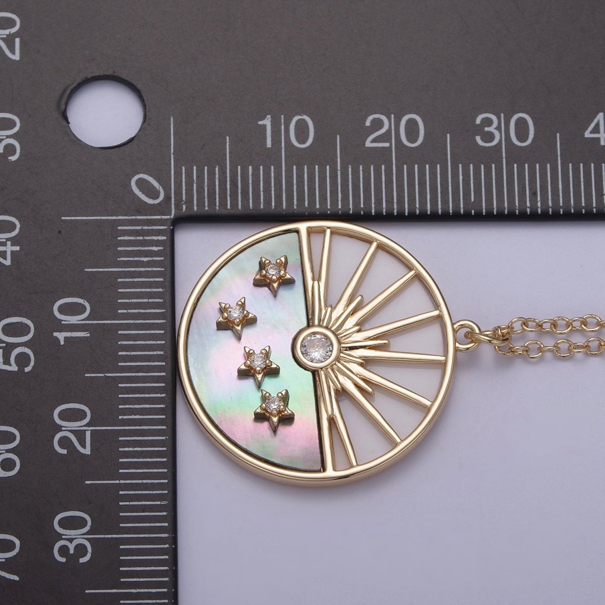 Celestial Sun Star CZ Abalone 16 Inch Cable Chain Necklace w. 2 Inch Extender | WA-598