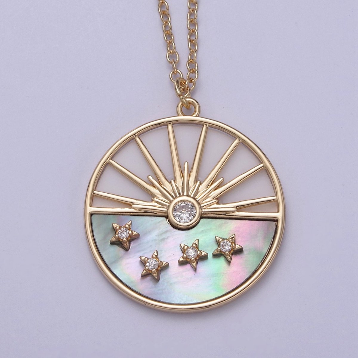 Celestial Sun Star CZ Abalone 16 Inch Cable Chain Necklace w. 2 Inch Extender | WA-598