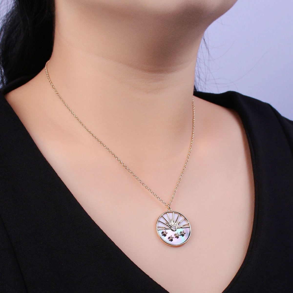Celestial Sun Star CZ Abalone 16 Inch Cable Chain Necklace w. 2 Inch Extender | WA-598