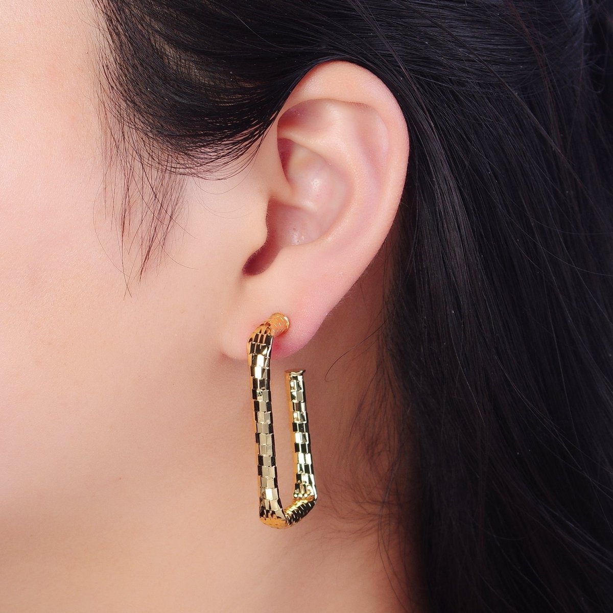 Checkered Hoop Earrings, Minimalist Gold Hoop Earrings, Stylish Silver Rectangle Hoop Earring T-409 T-410
