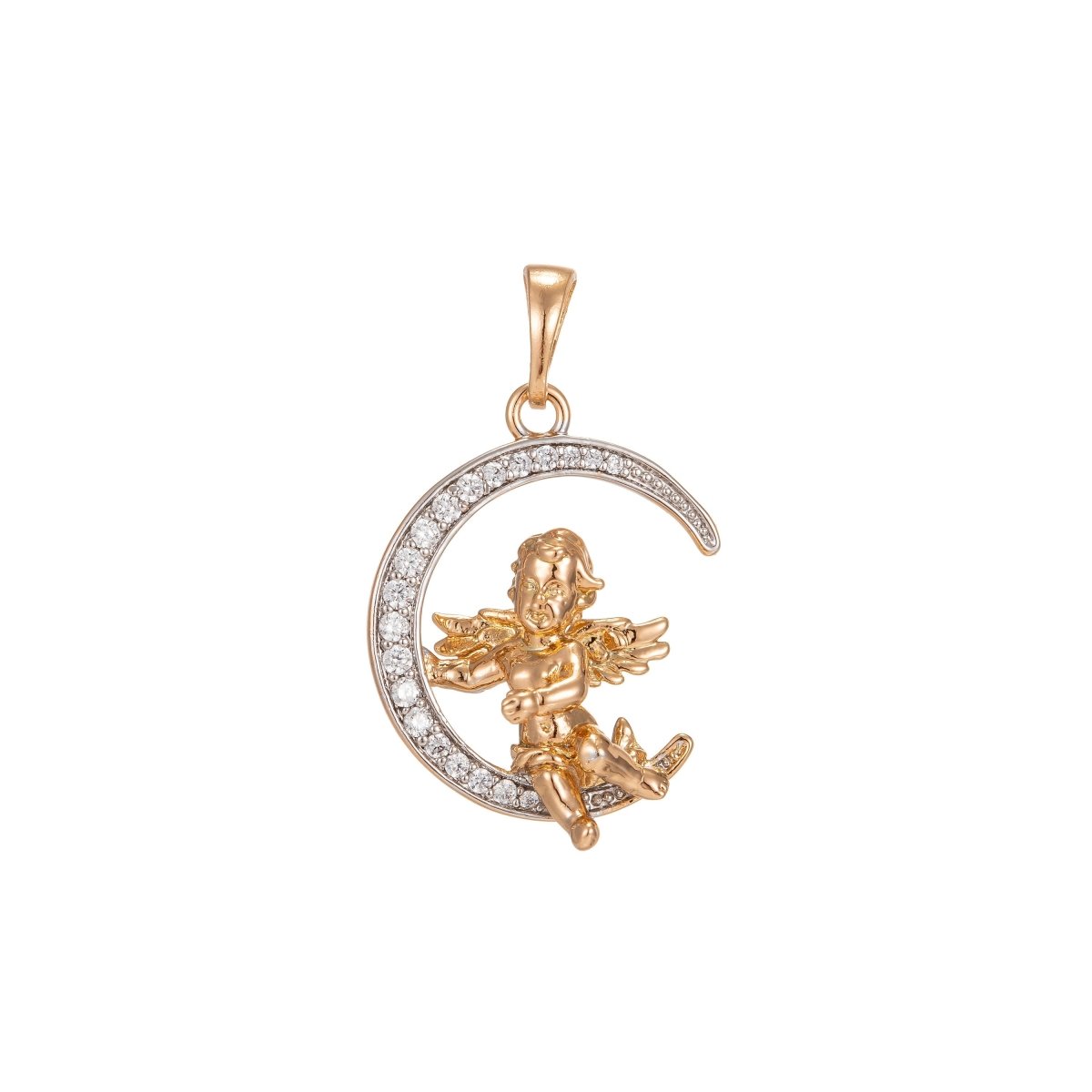Cherub in the Moon Pendant Micro Pave Gold Moon Charm Necklace Moon Pendant in 18k Gold Filled Cherub Necklace Cubic Baby Angel Jewelry I-251