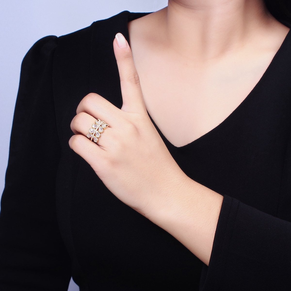 Chunky Baguette CZ Leaf Ring in Gold Filled for Stackable Jewelry Ring O-1551