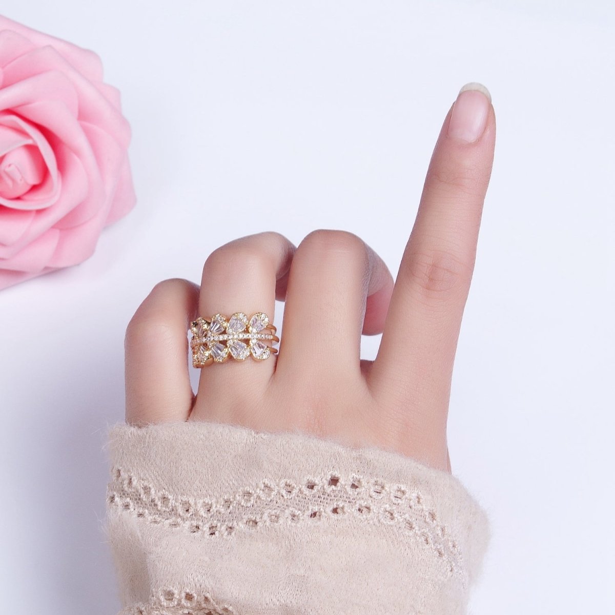 Chunky Baguette CZ Leaf Ring in Gold Filled for Stackable Jewelry Ring O-1551