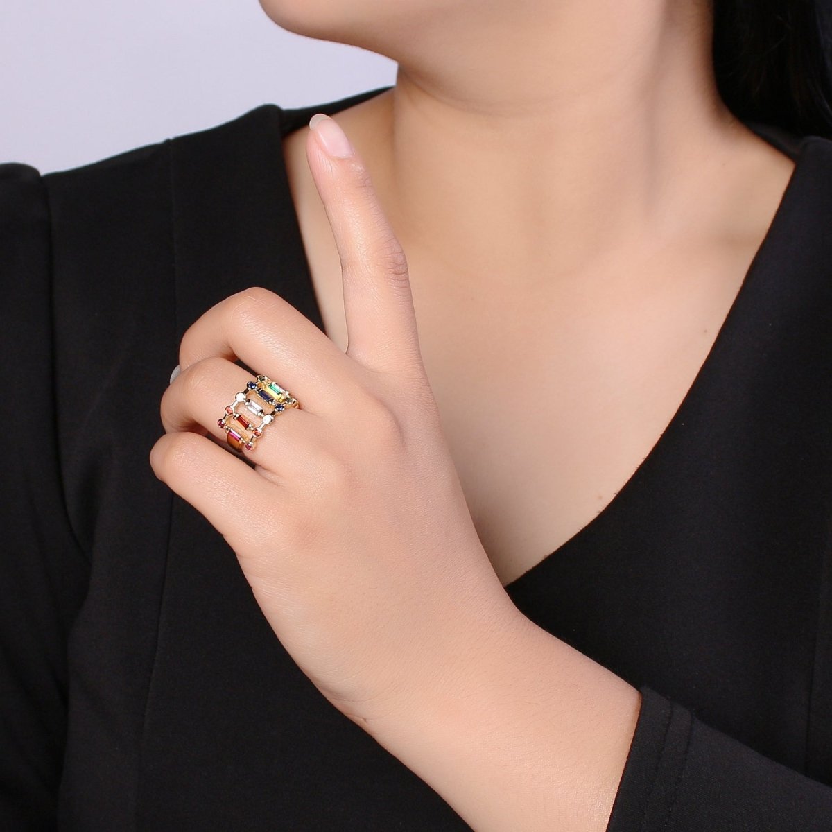 Chunky Baguette Ring, Rainbow Gold Baguette Ring, Colorful Baguette Ring, Multi Color Adjustable Ring, EVeryday Wear Women Ring O-296
