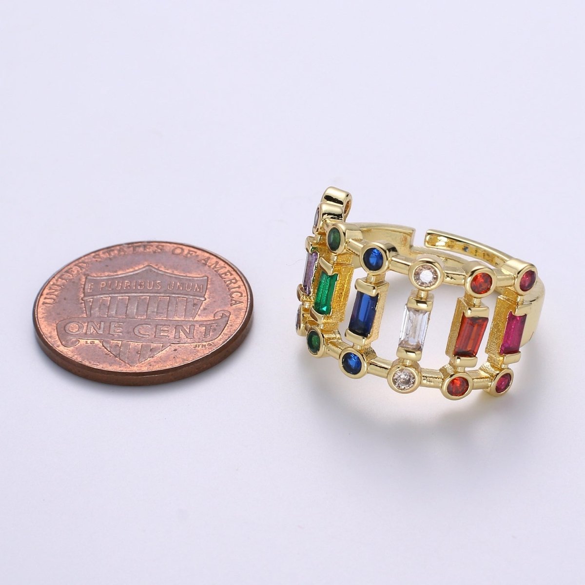 Chunky Baguette Ring, Rainbow Gold Baguette Ring, Colorful Baguette Ring, Multi Color Adjustable Ring, EVeryday Wear Women Ring O-296