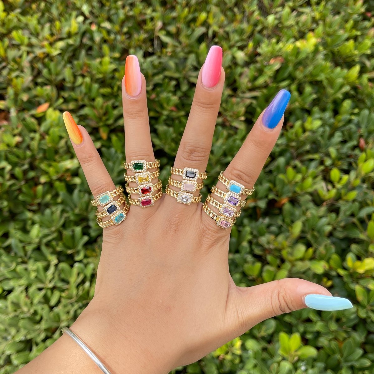 Chunky Cuban Chain Cocktail Ring with Color Cubic Zirconia Stone Statement Jewelry O-411 ~ O-424