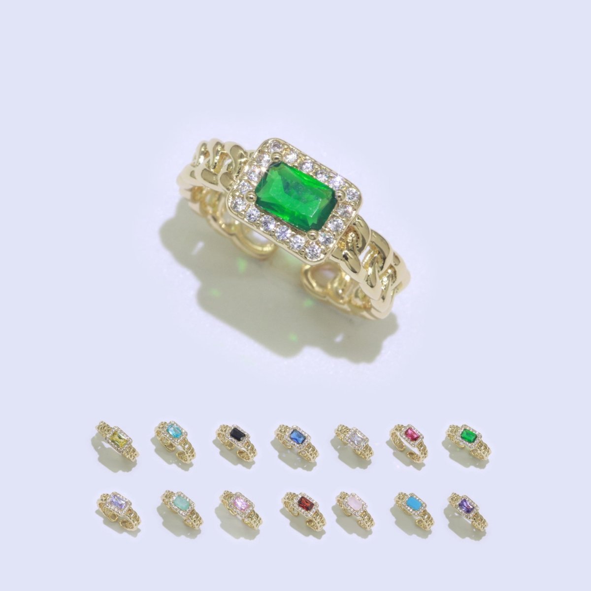 Chunky Cuban Chain Cocktail Ring with Color Cubic Zirconia Stone Statement Jewelry O-411 ~ O-424