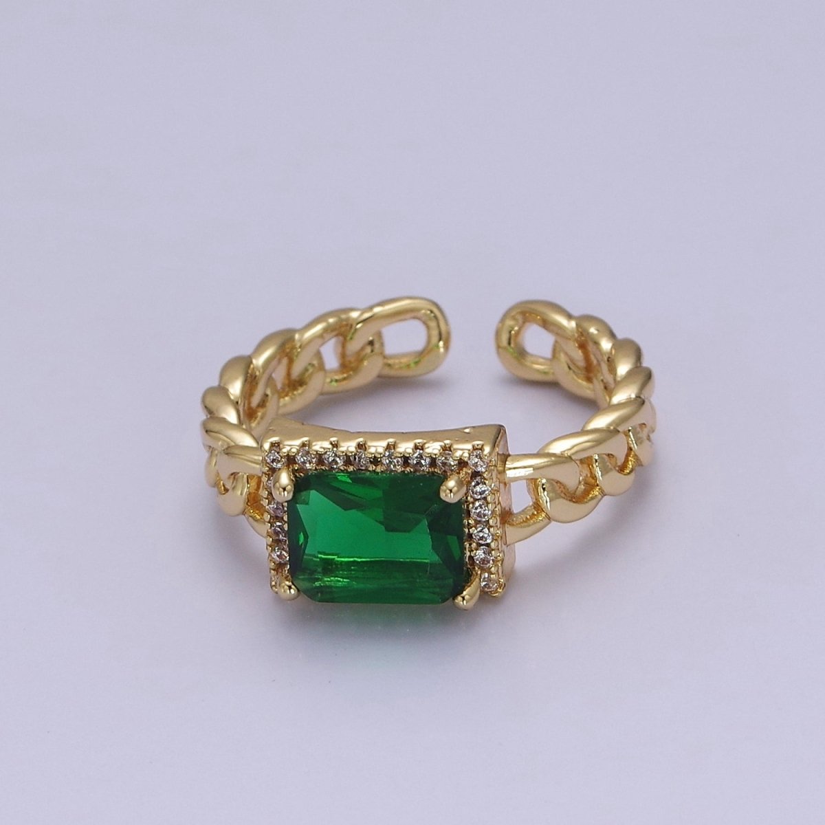 Chunky Emerald Green Cz Stone Ring in 18k Gold Filled Curb Chain Link Band Open Adjustable O-2080