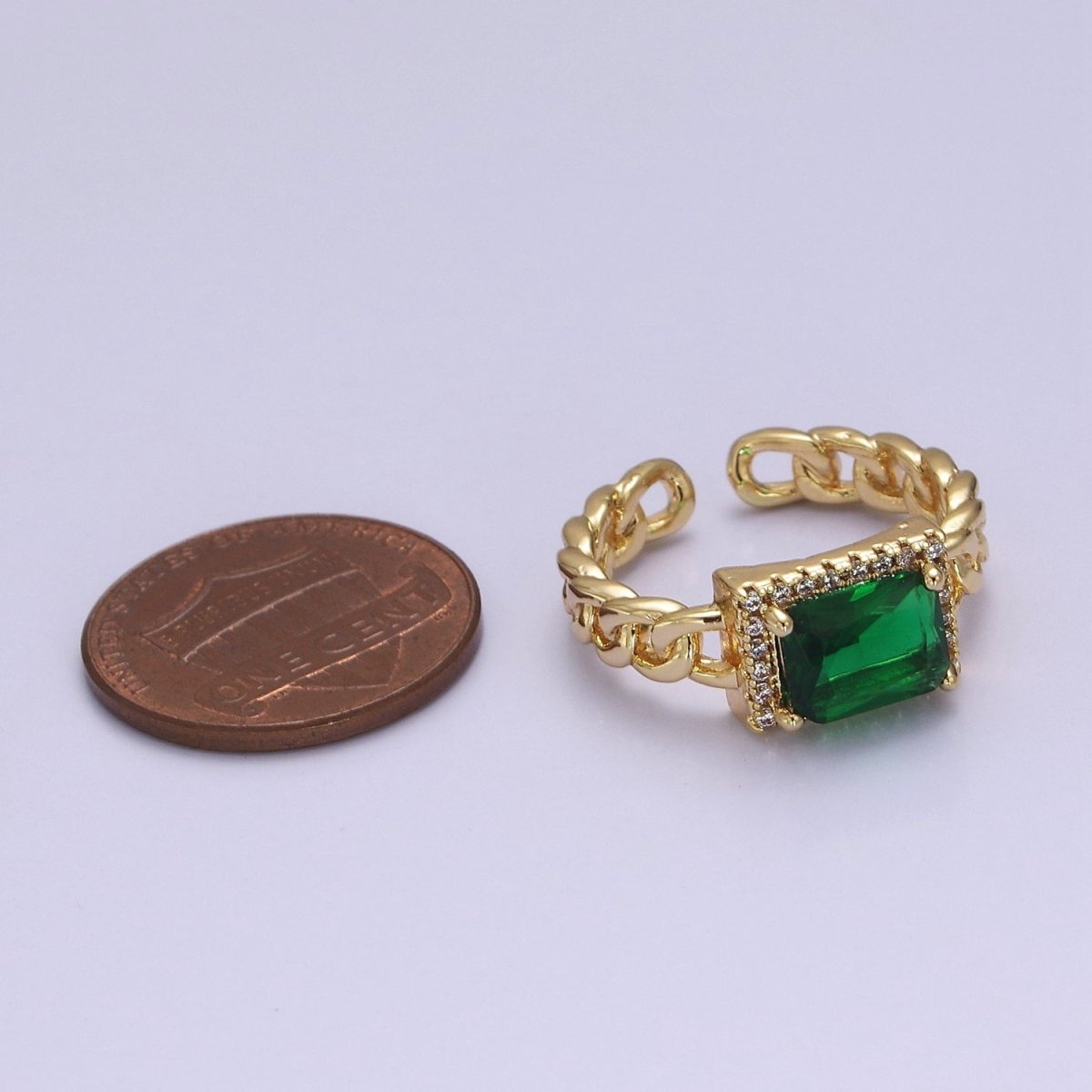 Chunky Emerald Green Cz Stone Ring in 18k Gold Filled Curb Chain Link Band Open Adjustable O-2080