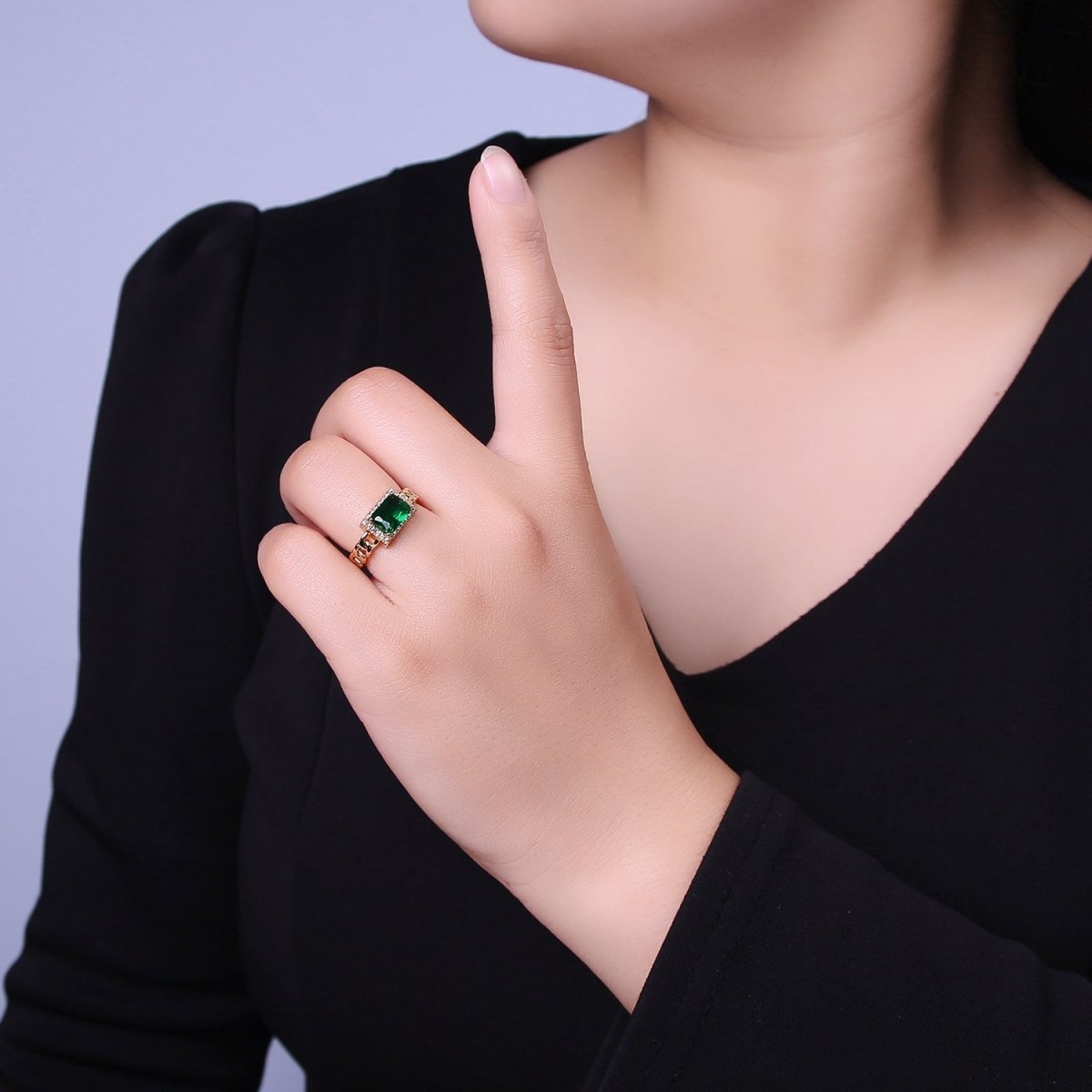 Chunky Emerald Green Cz Stone Ring in 18k Gold Filled Curb Chain Link Band Open Adjustable O-2080