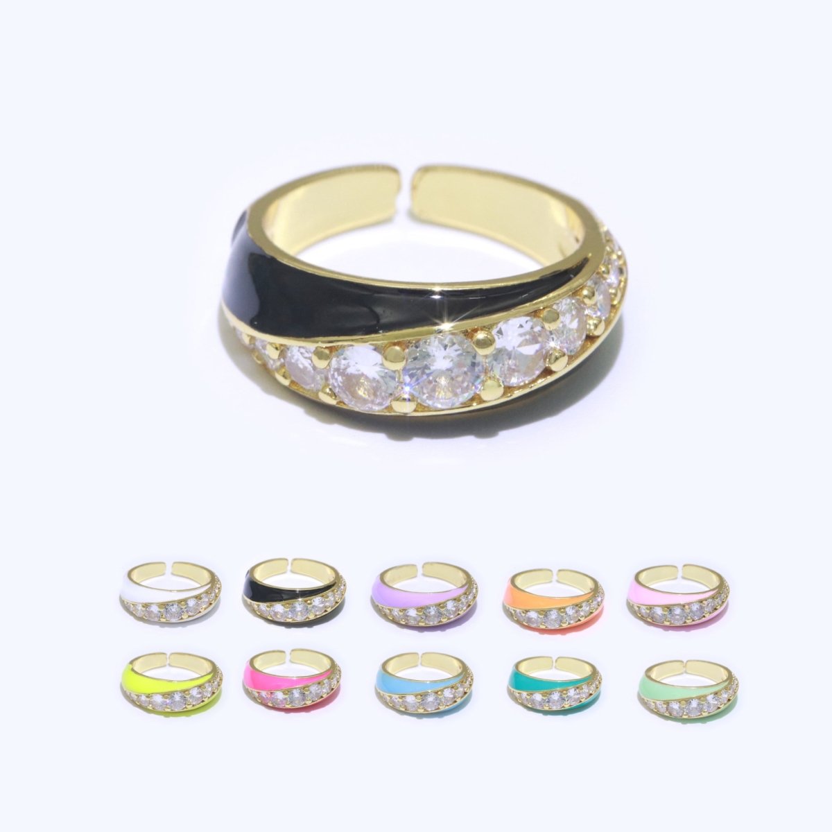 Chunky Enamel Ring | Gold Filled Band Pastel Color Ring | Cubic Zirconia Stacking Open Ring Adjustable O-494 ~ O-503