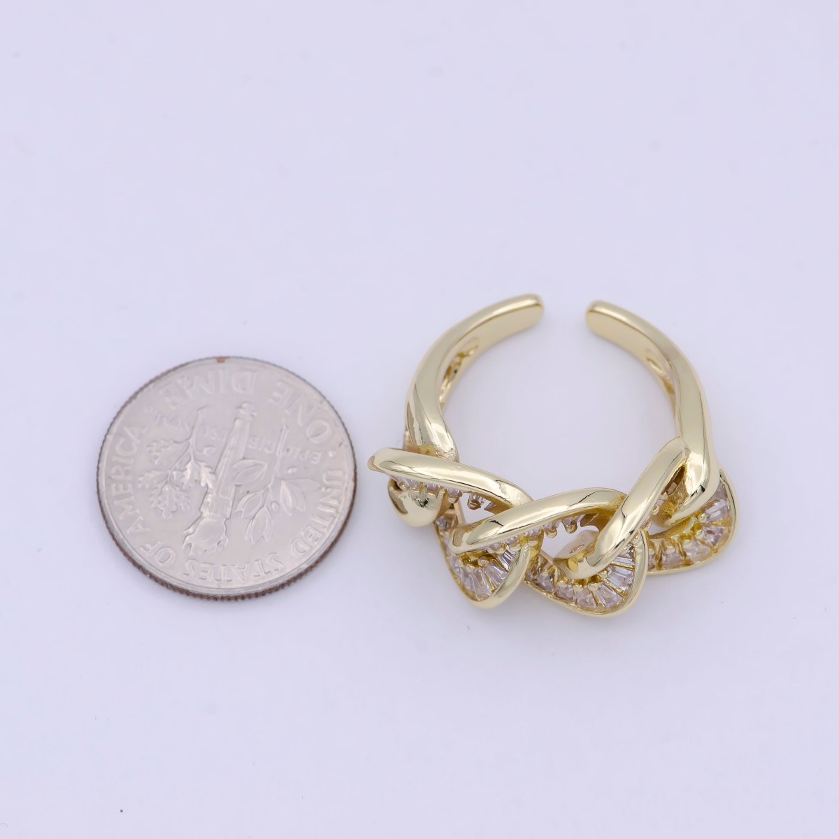 Chunky Gold Cable Link Ring Clear Cz Ring Open Adjustable Jewelry S-378
