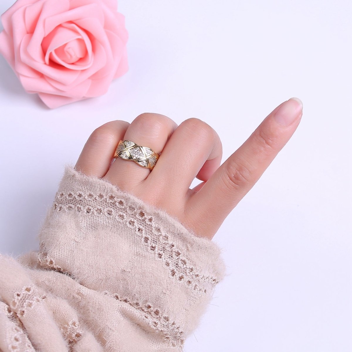 Chunky Gold Ring CZ Plaid Ring for Statement Jewelry O-2041