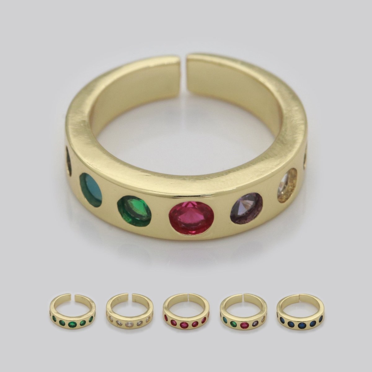 Chunky Gold Ring, Open Gold Adjustable Ring Multi Color Cz Stone S-193 ~ S-197
