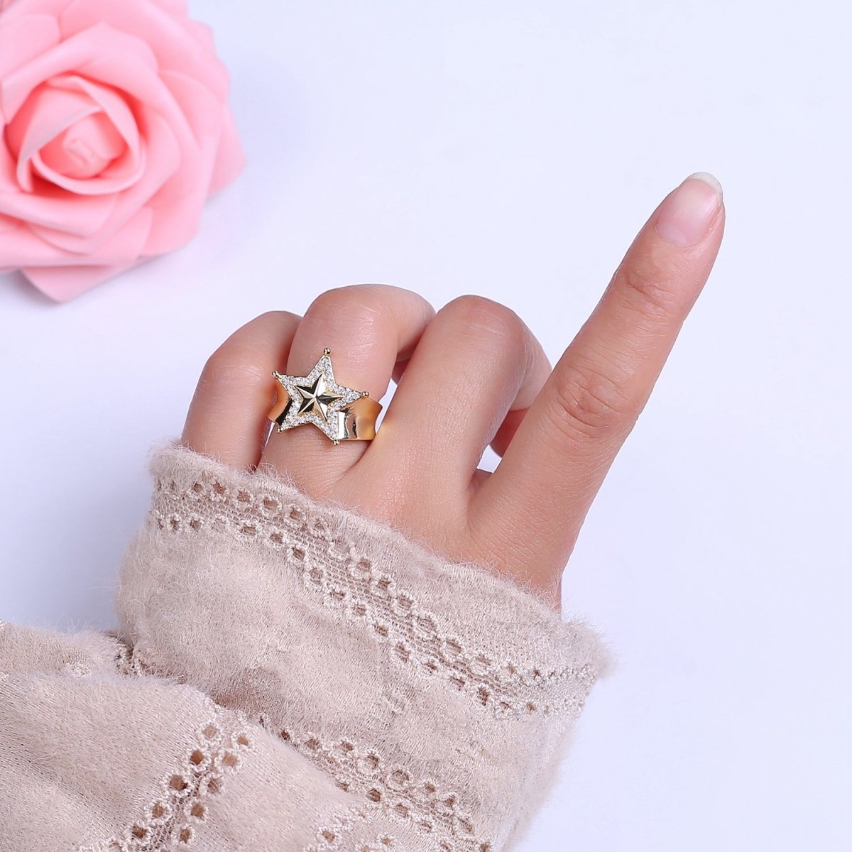Chunky Gold Star Ring, CZ Star Ring, Bold Star Ring, Celestial jewelry, Stacking Statement Jewelry O-2043