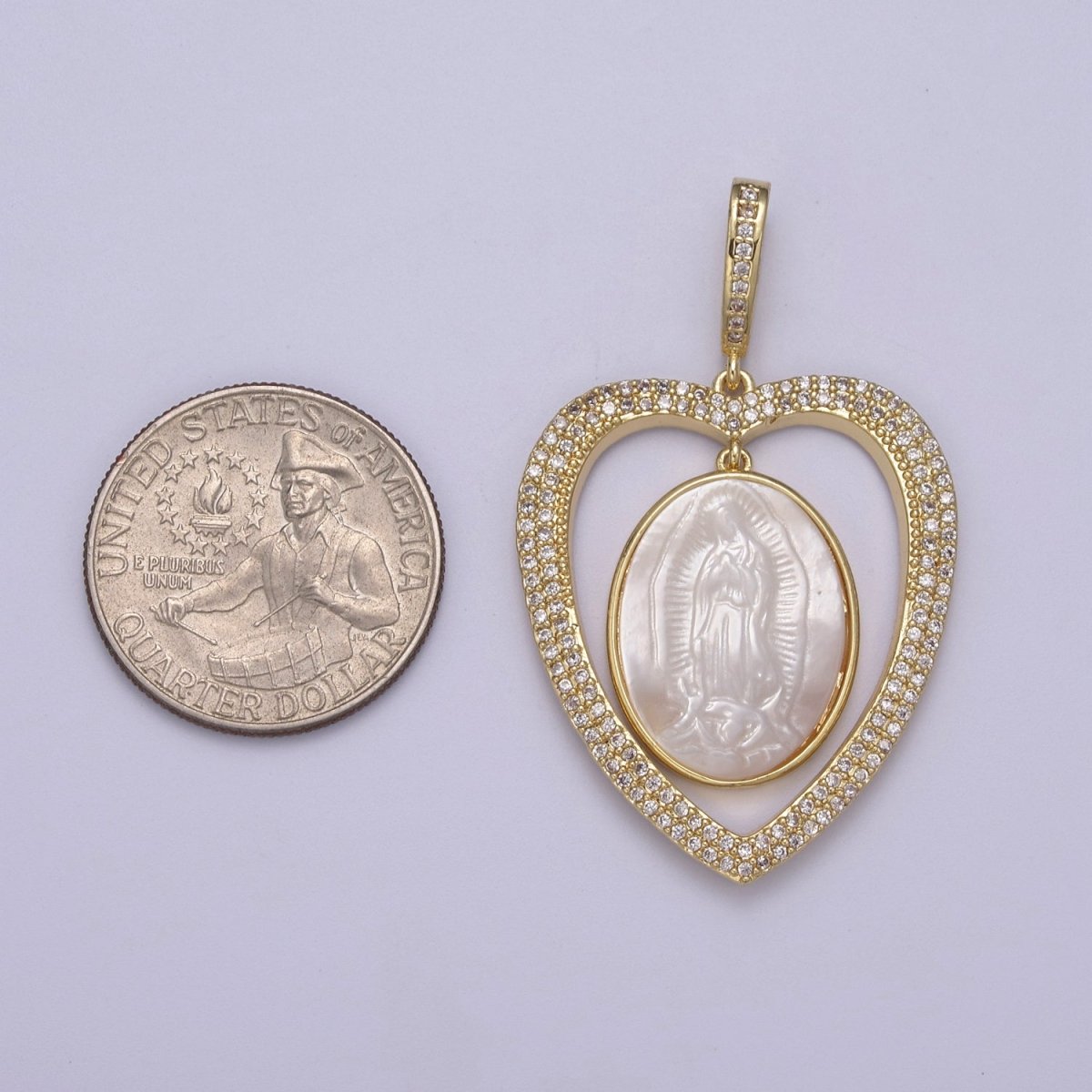 Chunky Heart Iced Out Pendant with Pearl Lady Guadalupe Charm for Statement Religious Jewelry Making H-507
