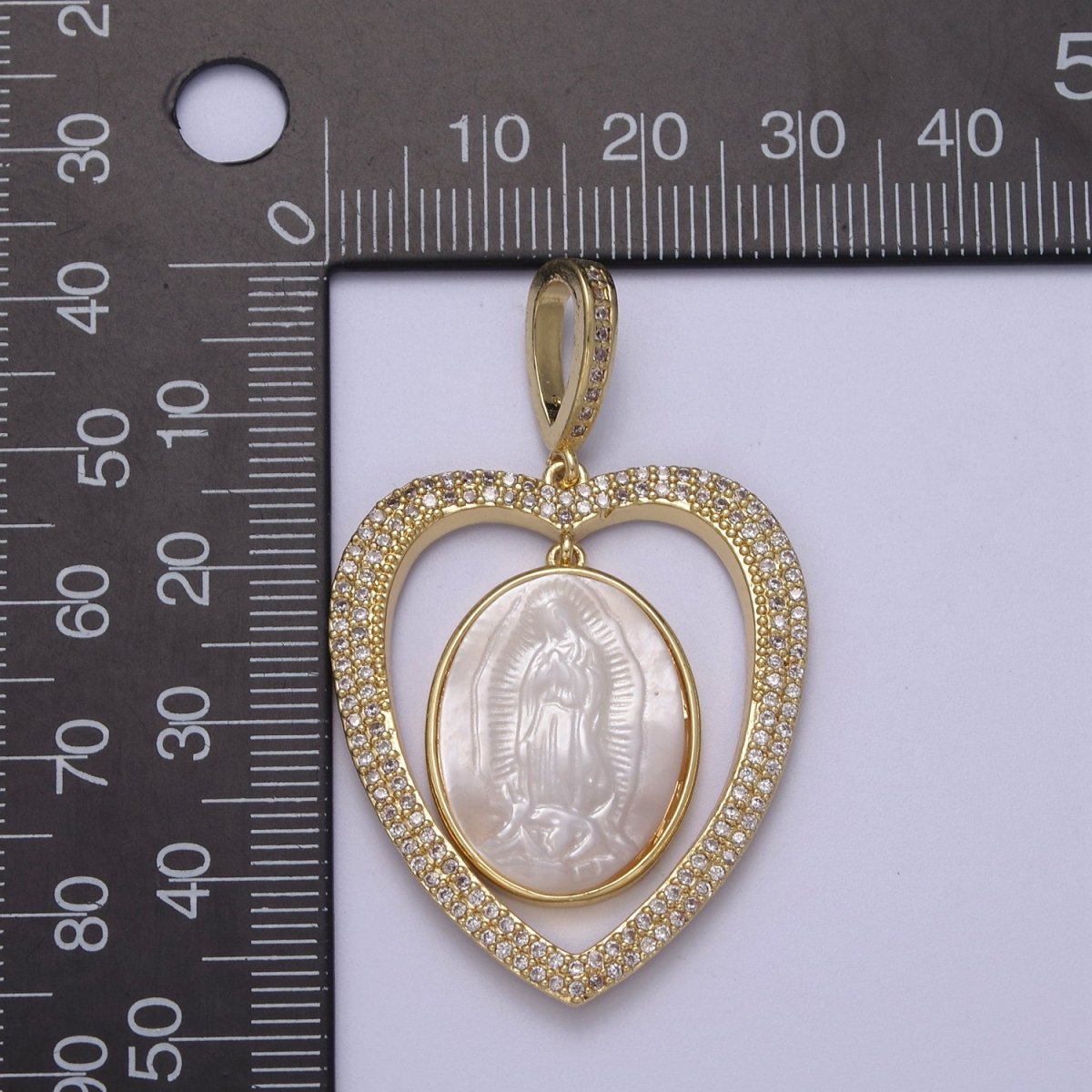 Chunky Heart Iced Out Pendant with Pearl Lady Guadalupe Charm for Statement Religious Jewelry Making H-507
