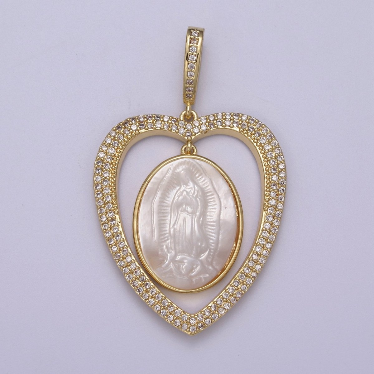 Chunky Heart Iced Out Pendant with Pearl Lady Guadalupe Charm for Statement Religious Jewelry Making H-507