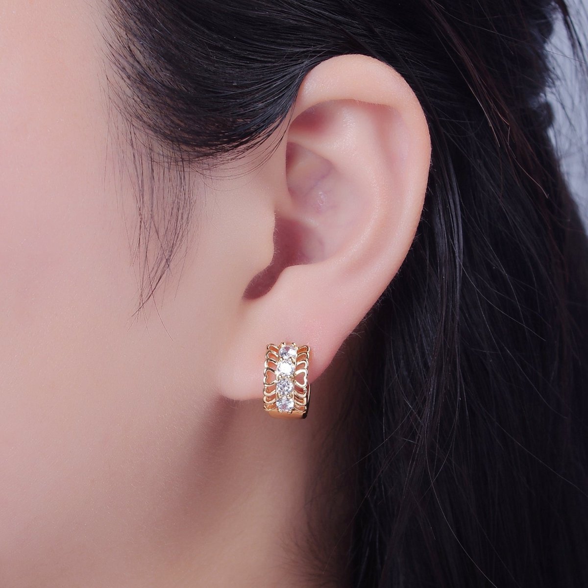 Chunky Huggie Earring 24K Gold Filled Cz Small Hoop T-393