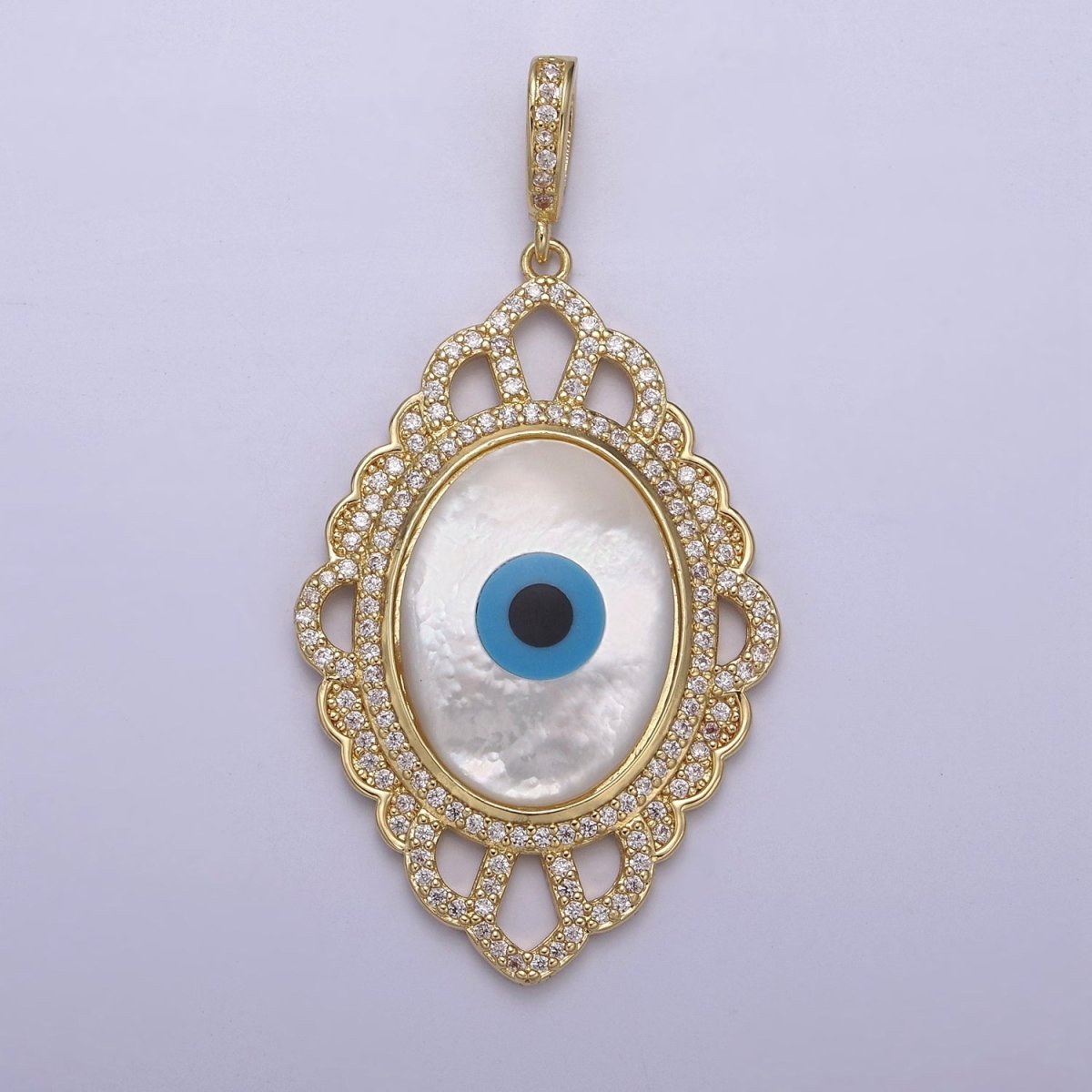Chunky Medallion Gold Filled Cubic Zirconia Mother Of Pearl Evil Eye Pendant Necklace for Amulet Jewelry Making N-561