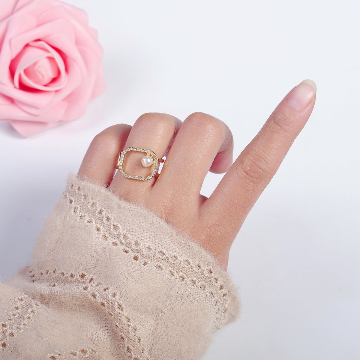 Chunky Square CZ Ring with Pearl Double Band Ring Open Adjustable O-2138