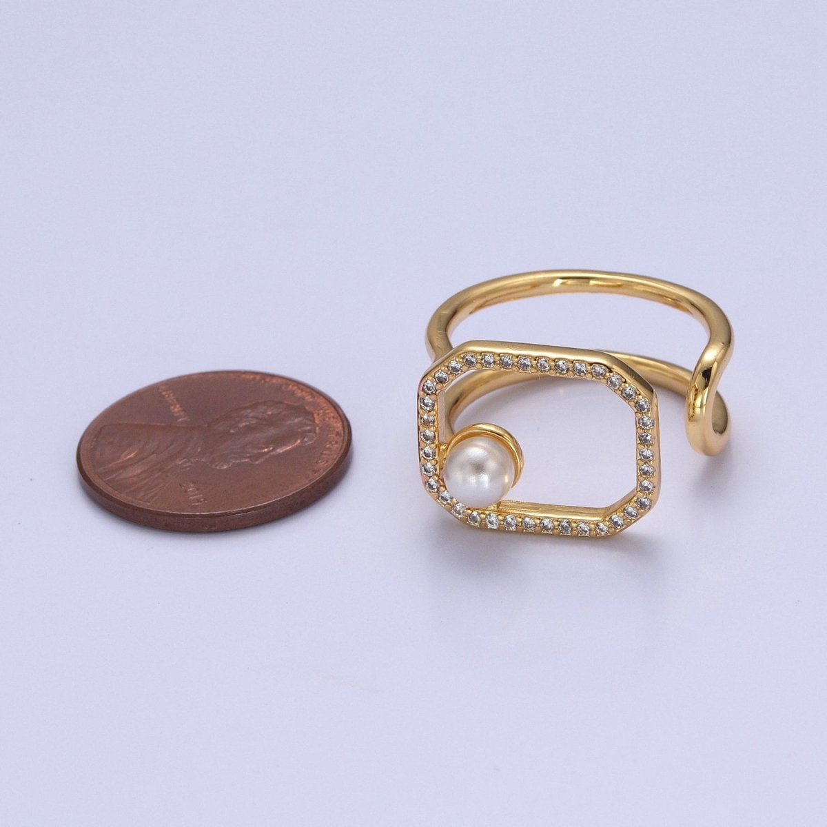 Chunky Square CZ Ring with Pearl Double Band Ring Open Adjustable O-2138