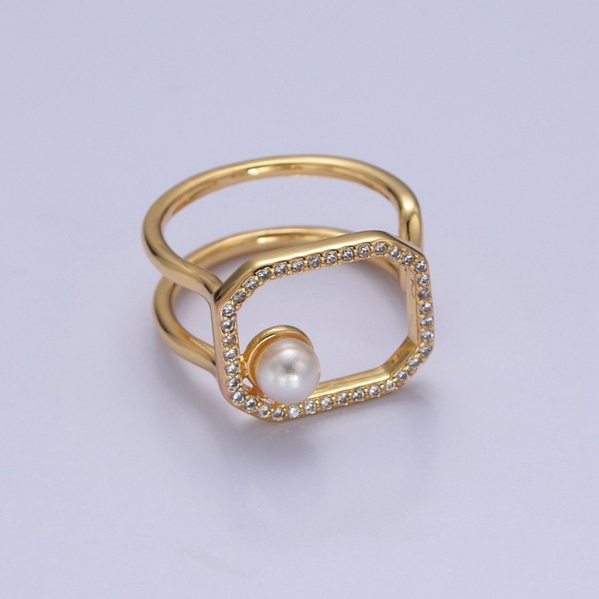 Chunky Square CZ Ring with Pearl Double Band Ring Open Adjustable O-2138