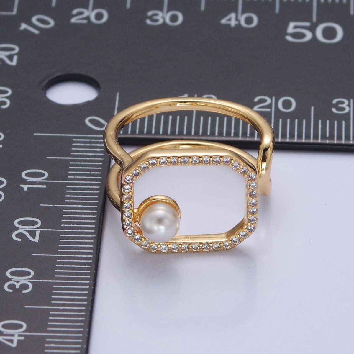 Chunky Square CZ Ring with Pearl Double Band Ring Open Adjustable O-2138