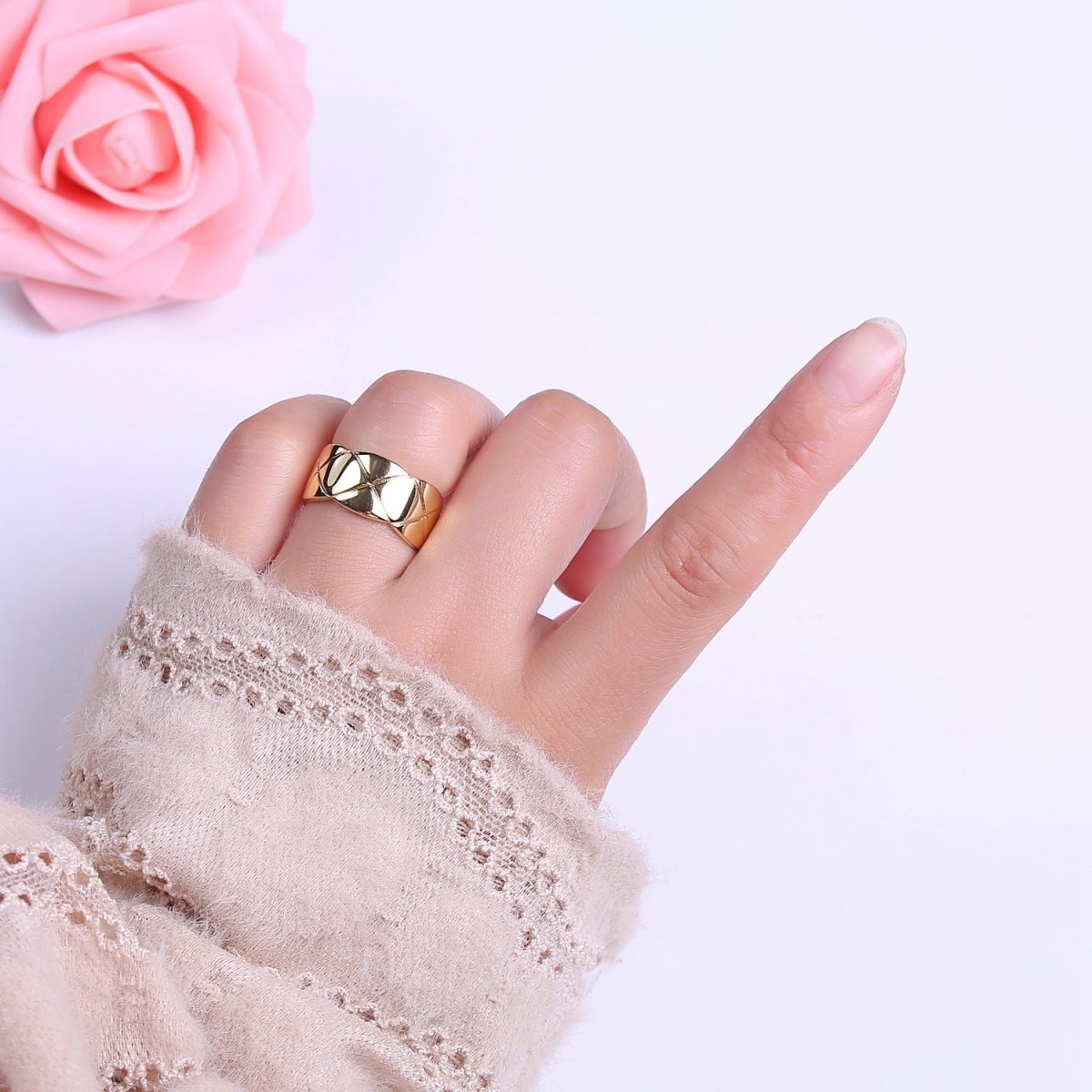Chunky Wide Band-Thick Checkered Statement Ring-Chic Croissant Ring Bread Large Ring O-2042