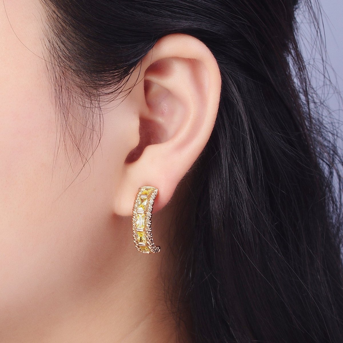 Chunky Yellow CZ Stud Earring for Statement Jewelry C Hoop AE-1013
