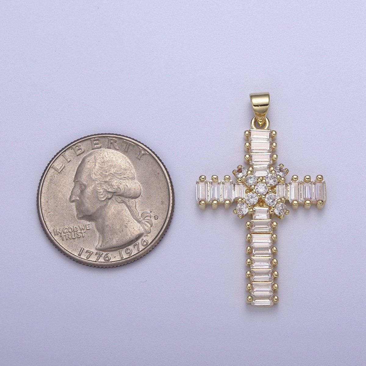 Clear Baguette Cubic Zirconia Cross Pendant, 14K Gold Filled Christian Catholic Supply For DIY Jewelry Making H-777