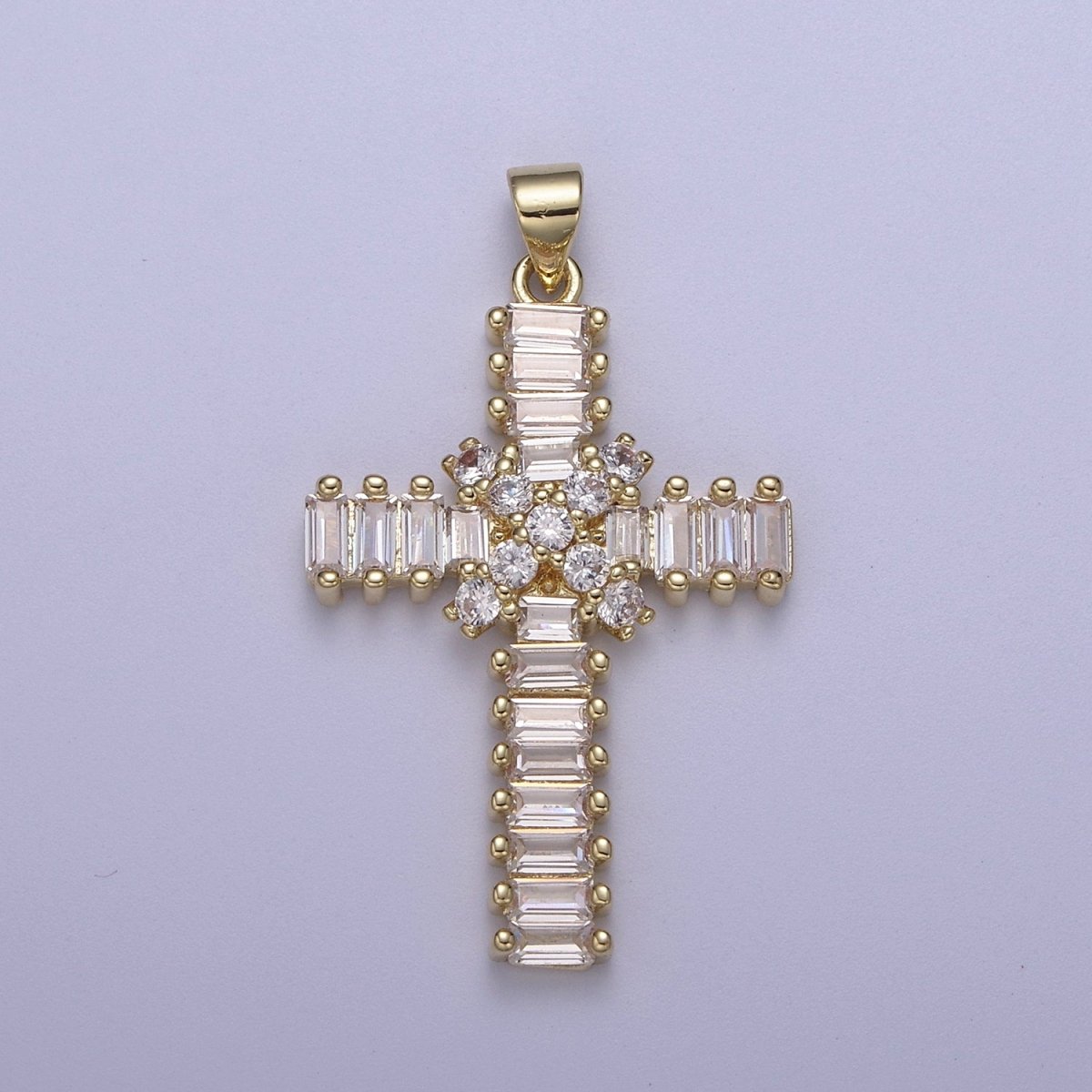 Clear Baguette Cubic Zirconia Cross Pendant, 14K Gold Filled Christian Catholic Supply For DIY Jewelry Making H-777